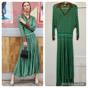 RIXO London ANNIE HOUNDSTOOTH KNITTED MIDI DRESS IN GREEN Size Small